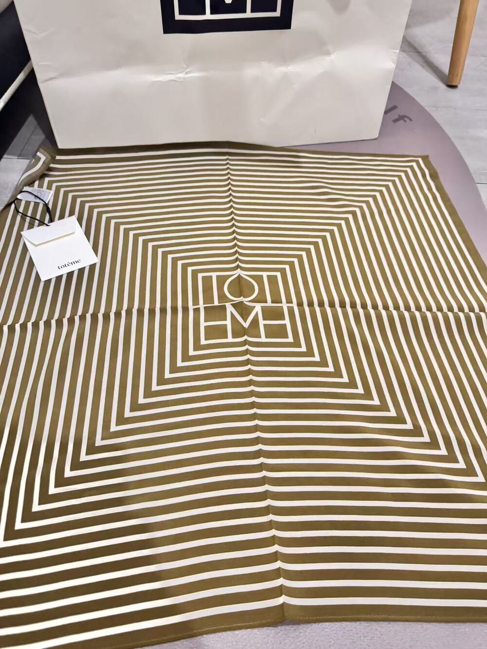 Totême Khaki Concentric Geometric Stripe Logo Square Scarf